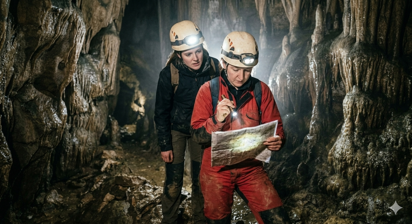 Walking through a dark cave with a guide